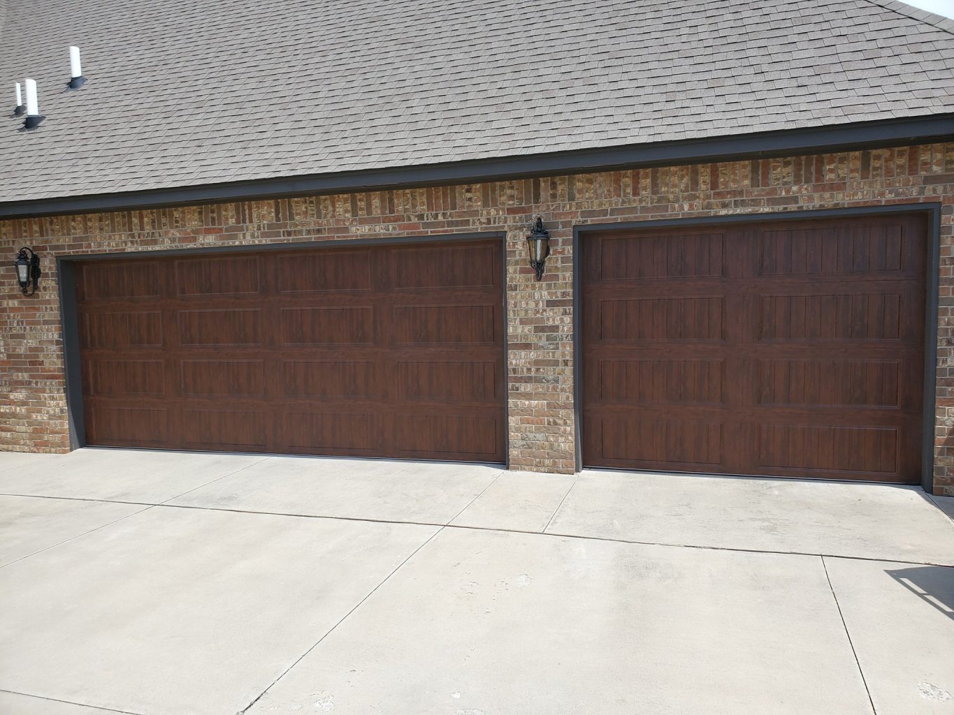 Walnut-finish garage door installation